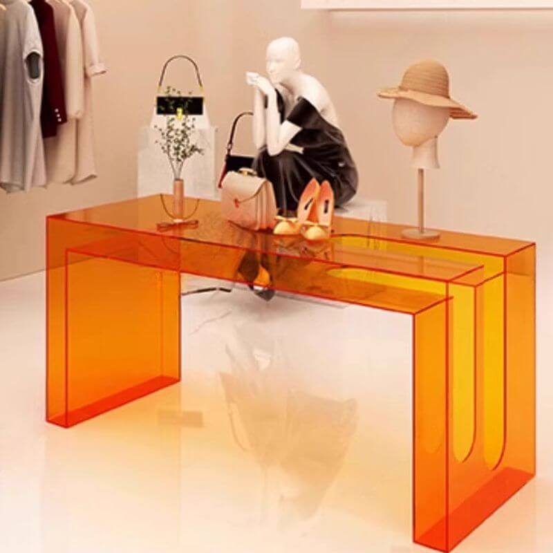 Modern Rectangular Display Table with Lucite Frame and Solid Color Top