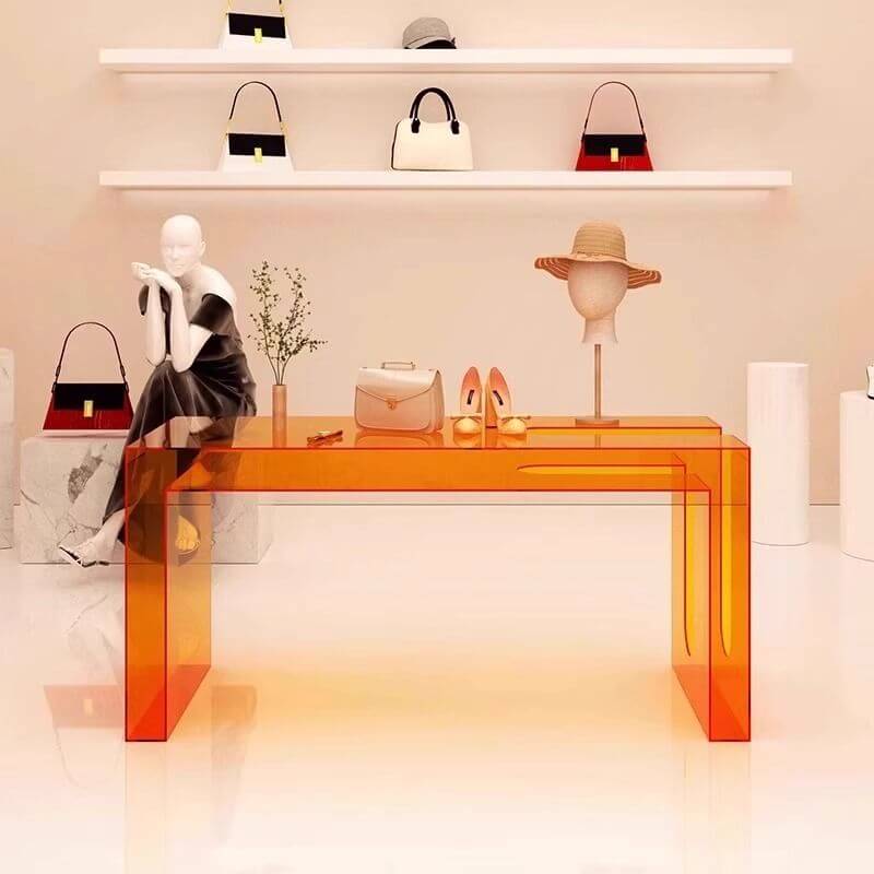 Modern Rectangular Display Table with Lucite Frame and Solid Color Top