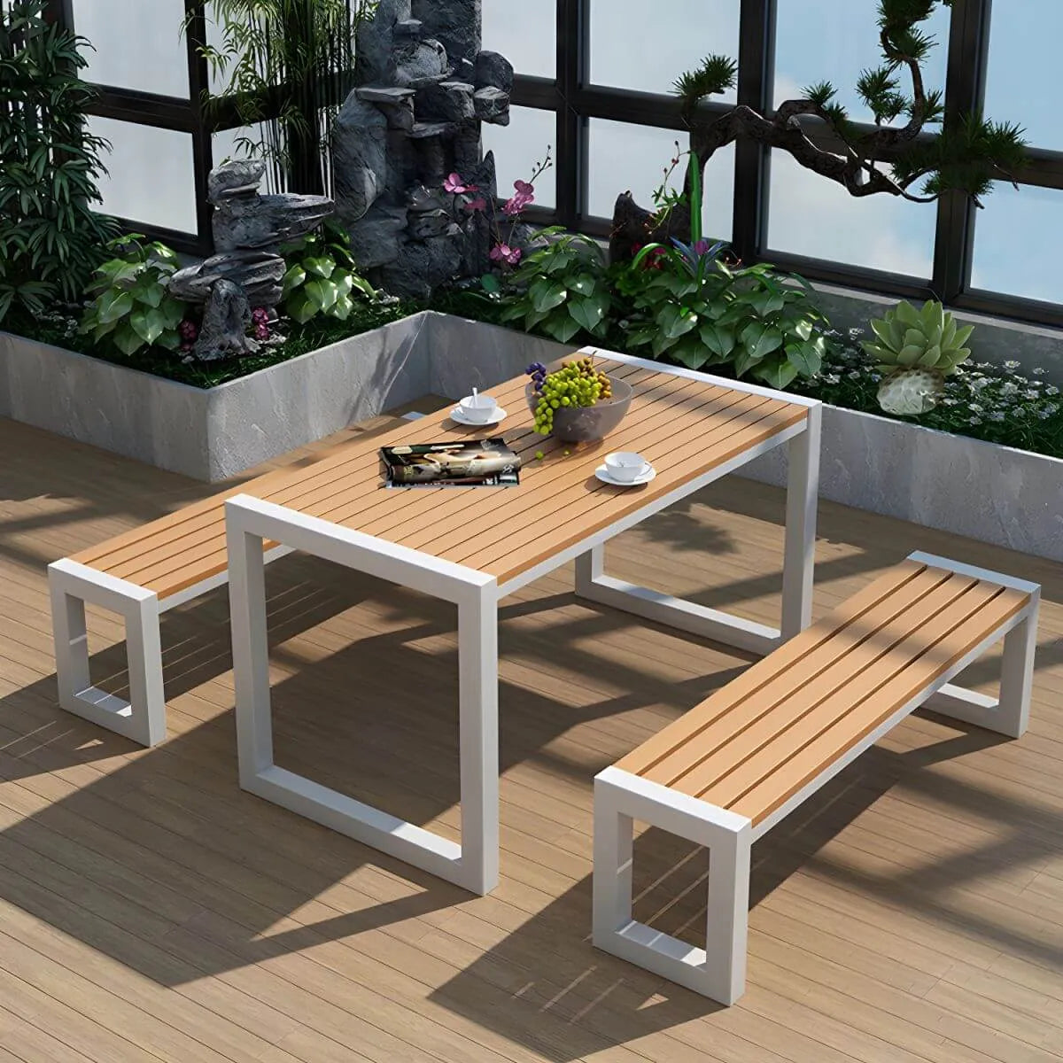Modern Rectangular Outdoor Coffee Table – Manufactured Wood & Metal Frame
