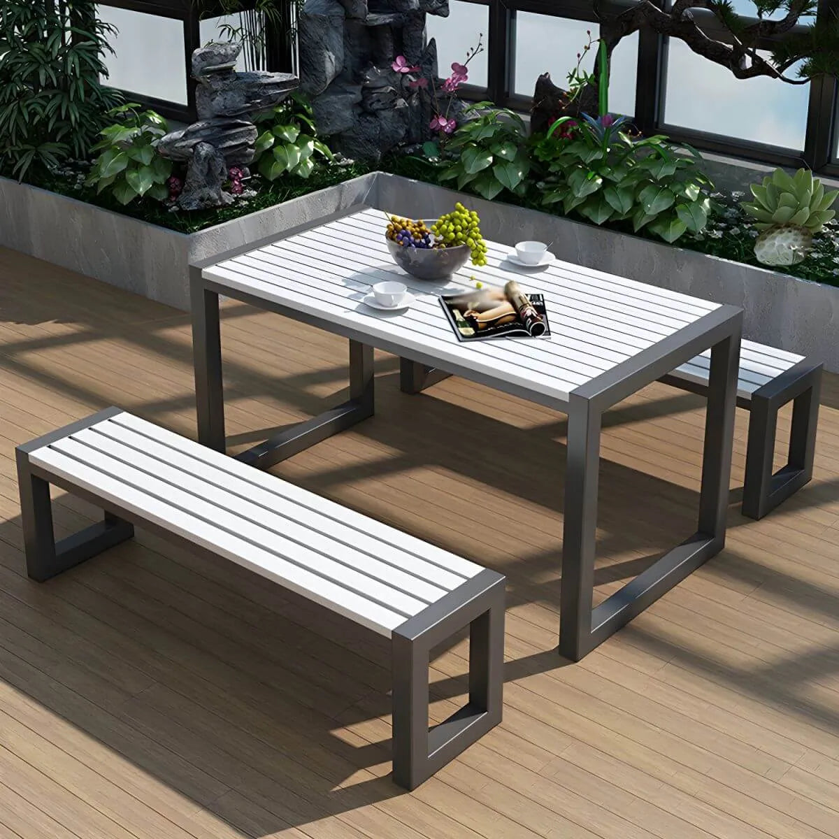 Modern Rectangular Outdoor Coffee Table – Manufactured Wood & Metal Frame