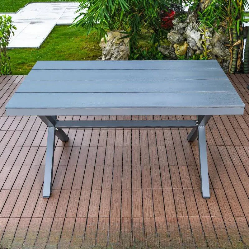 Modern Rectangular Steel Dining Table with Wood-Plastic Composite Top