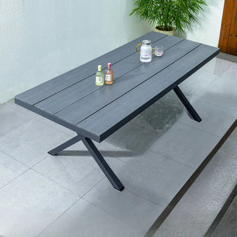 Modern Rectangular Steel Dining Table with Wood-Plastic Composite Top