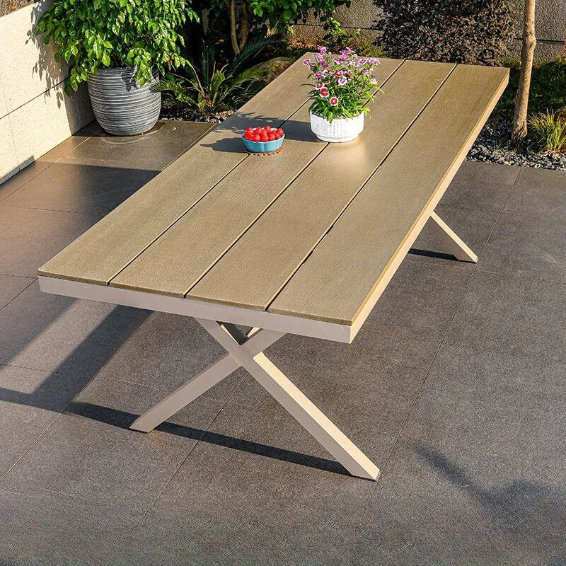 Modern Rectangular Steel Dining Table with Wood-Plastic Composite Top