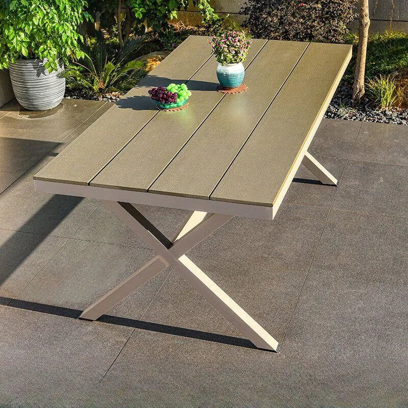 Modern Rectangular Steel Dining Table with Wood-Plastic Composite Top