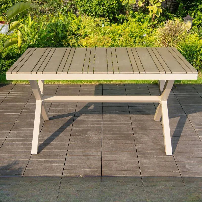 Modern Rectangular Steel Dining Table with Wood-Plastic Composite Top
