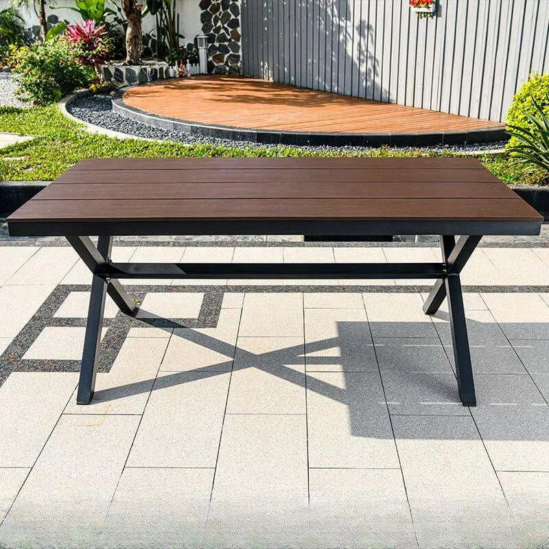 Modern Rectangular Steel Dining Table with Wood-Plastic Composite Top