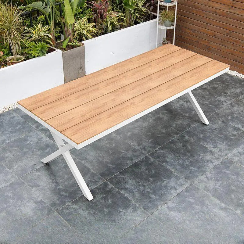 Modern Rectangular Steel Dining Table with Wood-Plastic Composite Top