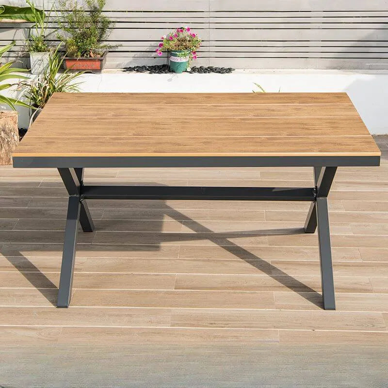 Modern Rectangular Steel Dining Table with Wood-Plastic Composite Top