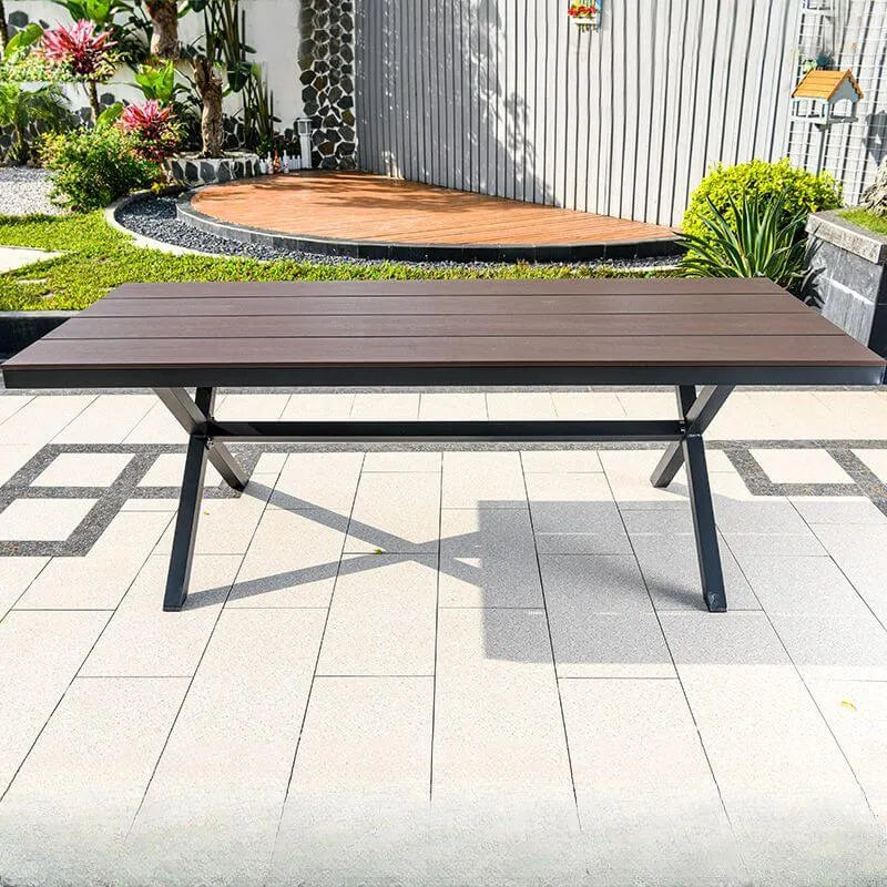 Modern Rectangular Steel Dining Table with Wood-Plastic Composite Top