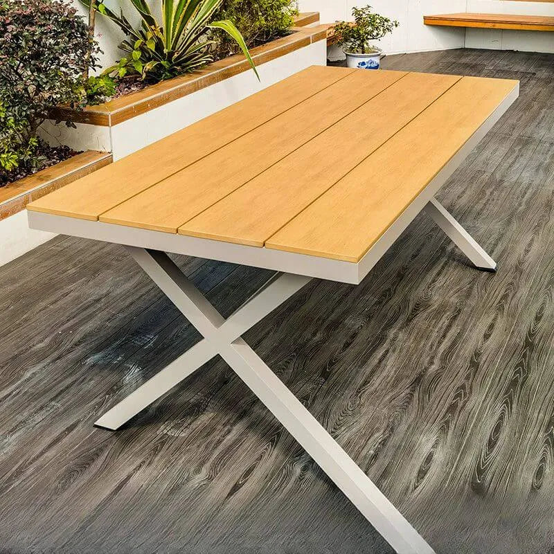 Modern Rectangular Steel Dining Table with Wood-Plastic Composite Top