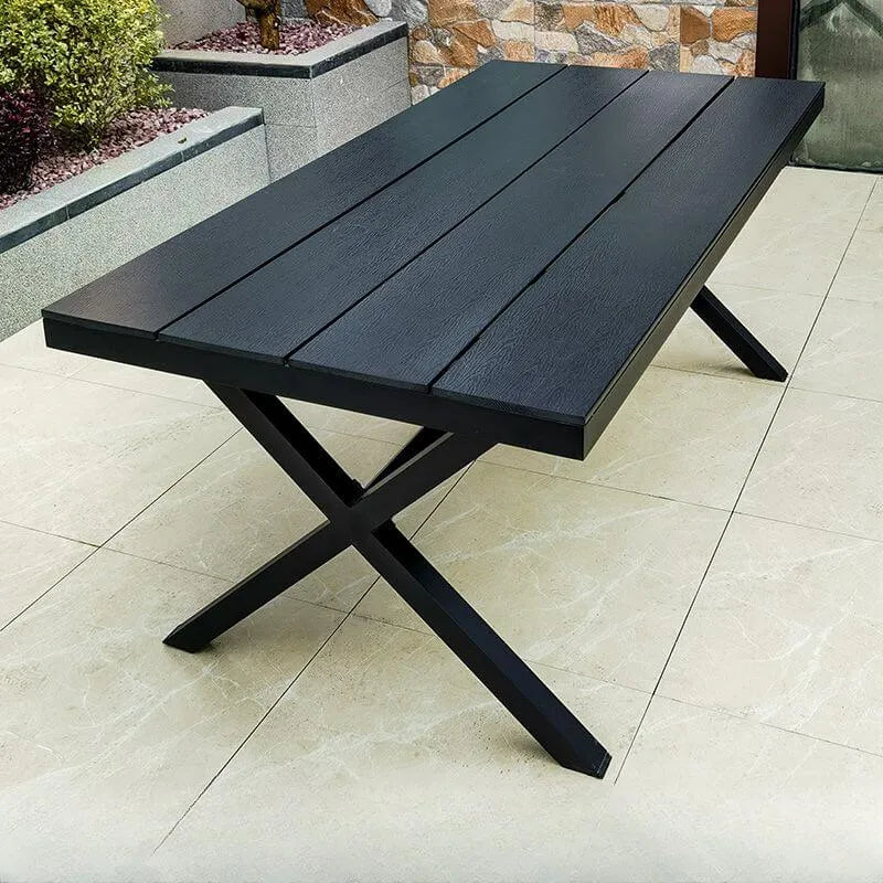 Modern Rectangular Steel Dining Table with Wood-Plastic Composite Top