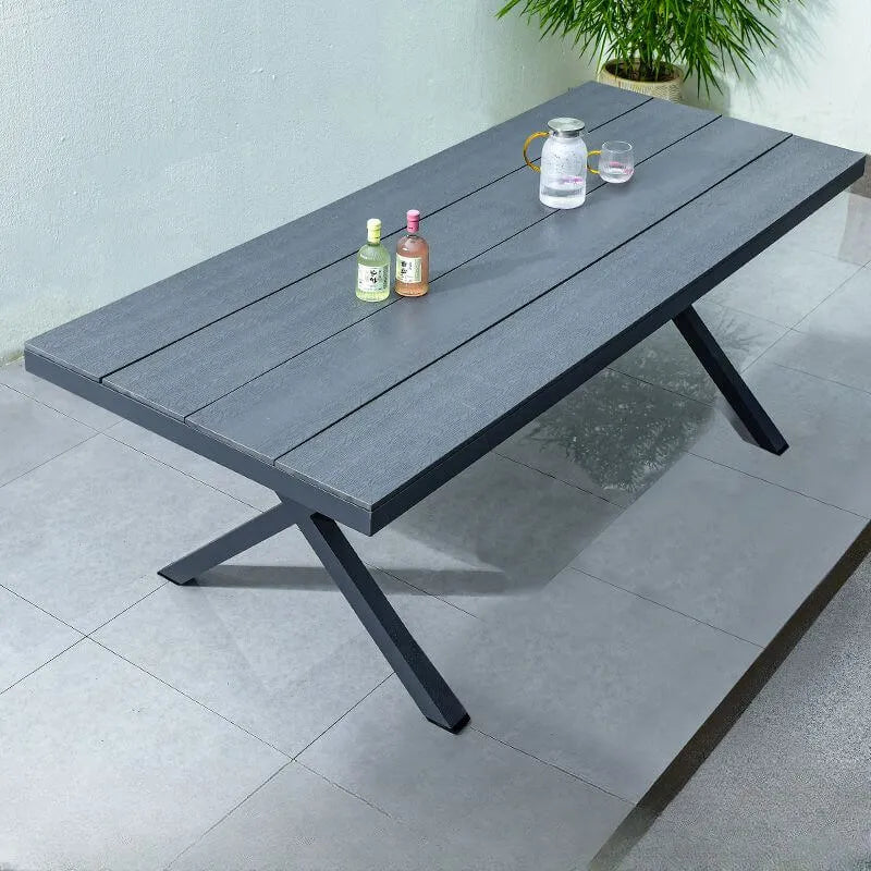 Modern Rectangular Steel Dining Table with Wood-Plastic Composite Top