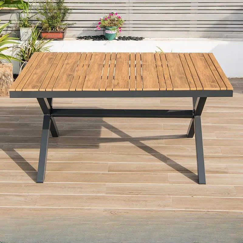 Modern Rectangular Steel Dining Table with Wood-Plastic Composite Top