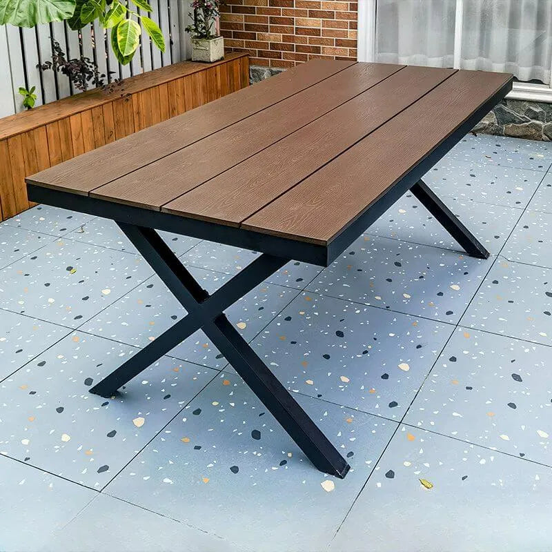Modern Rectangular Steel Dining Table with Wood-Plastic Composite Top