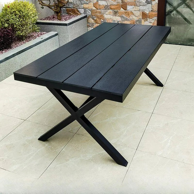 Modern Rectangular Steel Dining Table with Wood-Plastic Composite Top