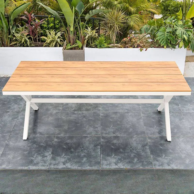 Modern Rectangular Steel Dining Table with Wood-Plastic Composite Top