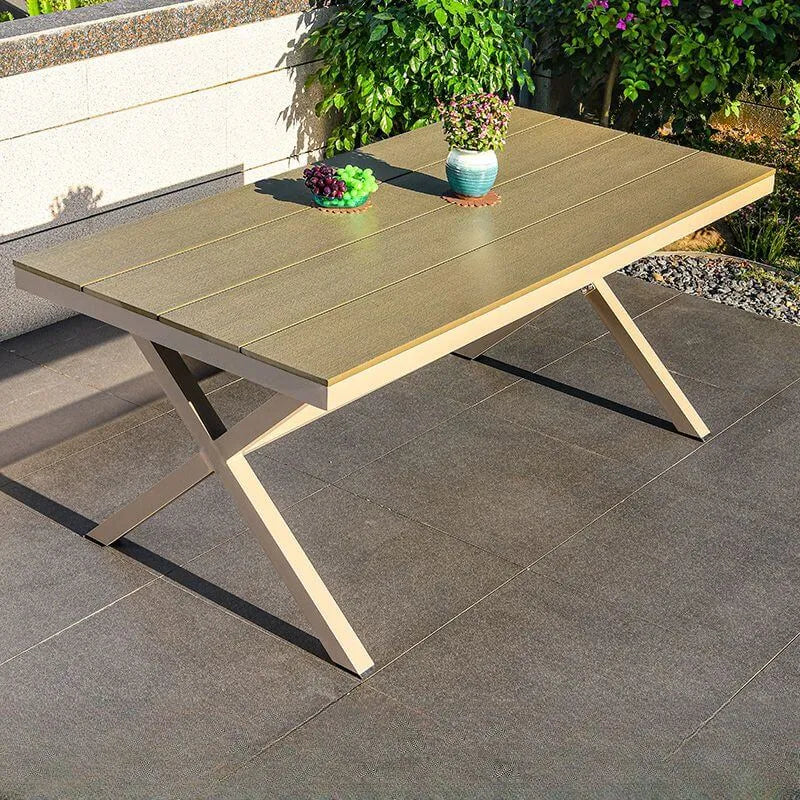 Modern Rectangular Steel Dining Table with Wood-Plastic Composite Top