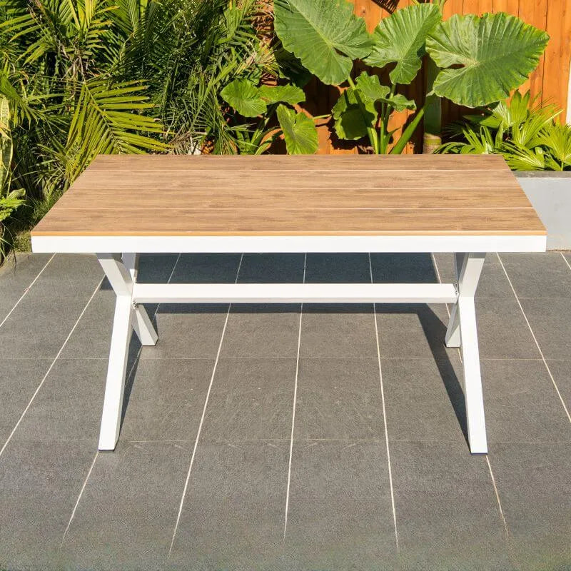 Modern Rectangular Steel Dining Table with Wood-Plastic Composite Top