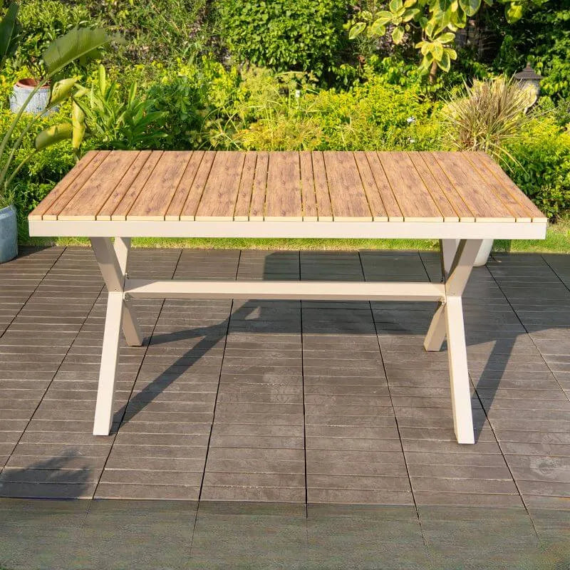 Modern Rectangular Steel Dining Table with Wood-Plastic Composite Top