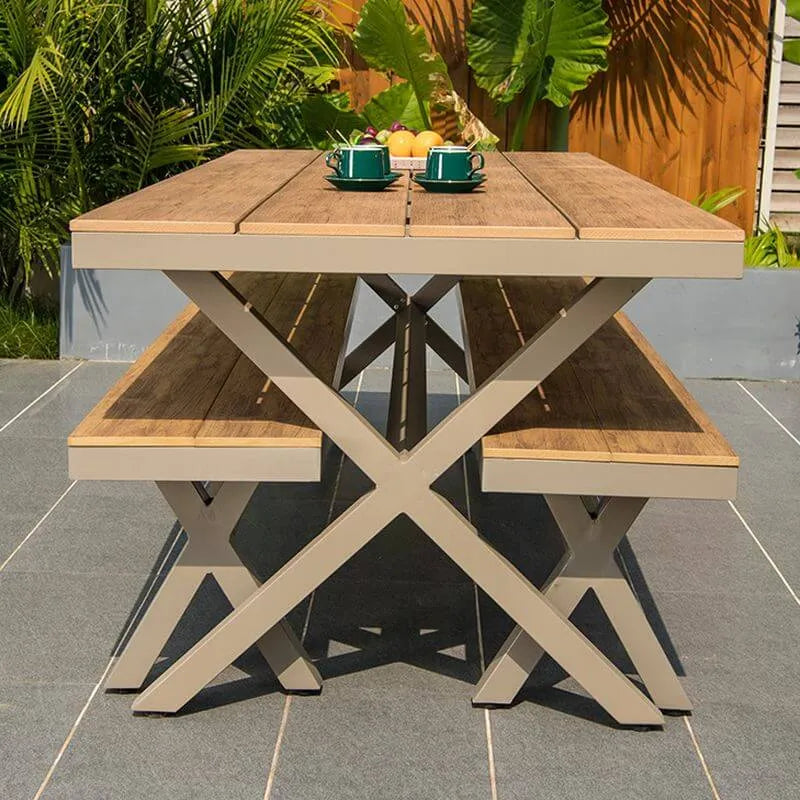 Modern Rectangular Steel Dining Table with Wood-Plastic Composite Top