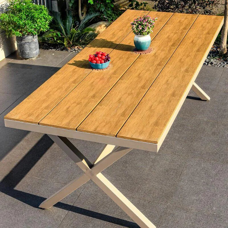 Modern Rectangular Steel Dining Table with Wood-Plastic Composite Top