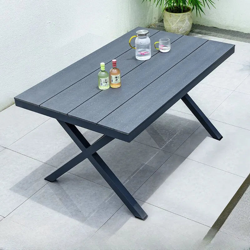 Modern Rectangular Steel Dining Table with Wood-Plastic Composite Top