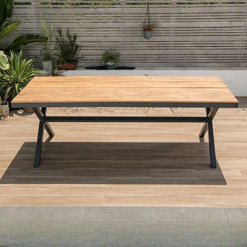 Modern Rectangular Steel Dining Table with Wood-Plastic Composite Top