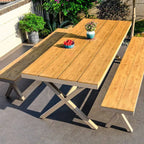 Modern Rectangular Steel Dining Table with Wood-Plastic Composite Top