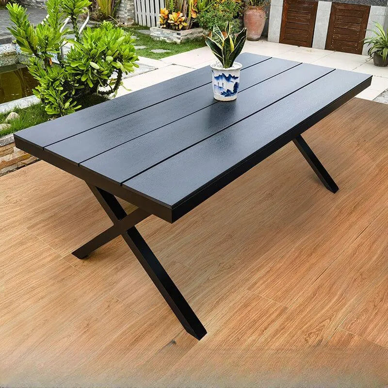 Modern Rectangular Steel Dining Table with Wood-Plastic Composite Top