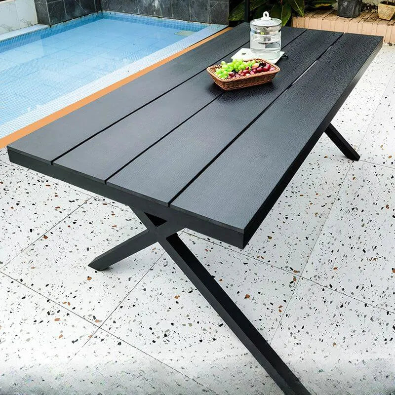 Modern Rectangular Steel Dining Table with Wood-Plastic Composite Top