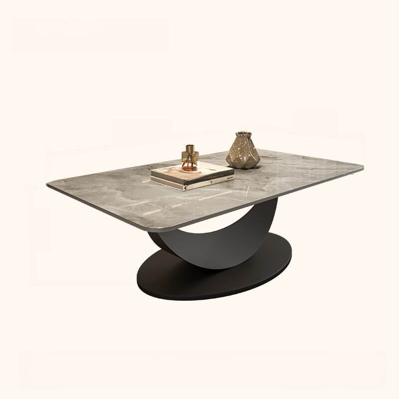 Modern Rectangular Stone Coffee Table with Abstract Iron Base