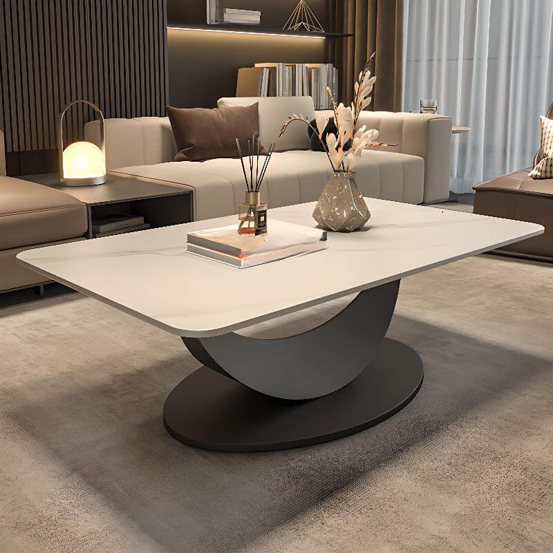 Modern Rectangular Stone Coffee Table with Abstract Iron Base Main Product Image