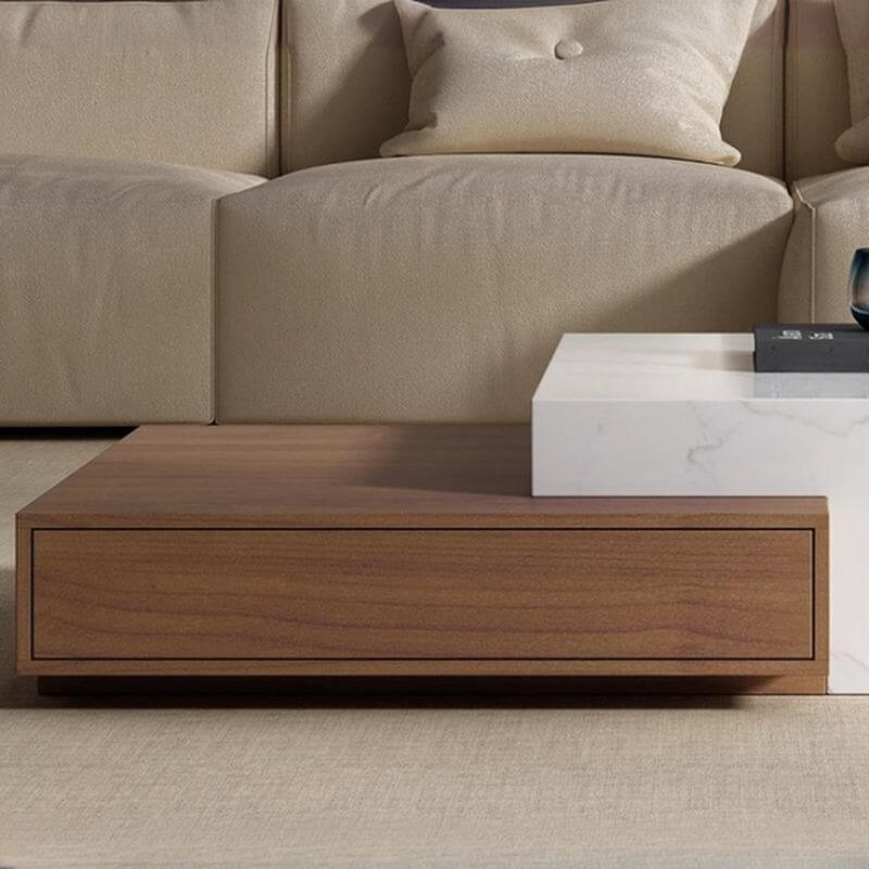 Modern Rectangular Stone Coffee Table with Block Base and Drawer