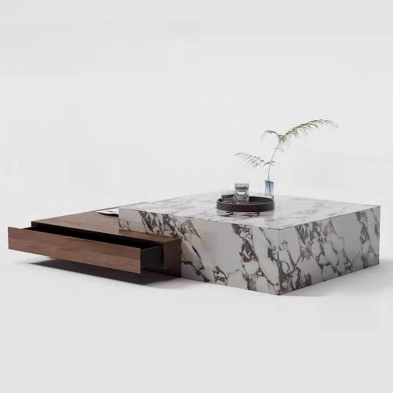 Modern Rectangular Stone Coffee Table with Block Base and Drawer