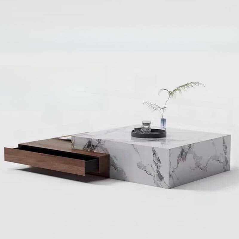 Modern Rectangular Stone Coffee Table with Block Base and Drawer