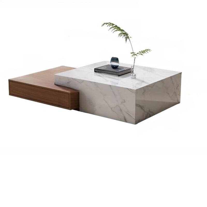 Modern Rectangular Stone Coffee Table with Block Base and Drawer