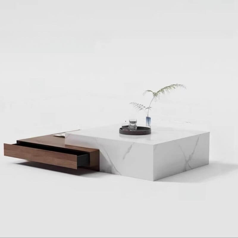 Modern Rectangular Stone Coffee Table with Block Base and Drawer