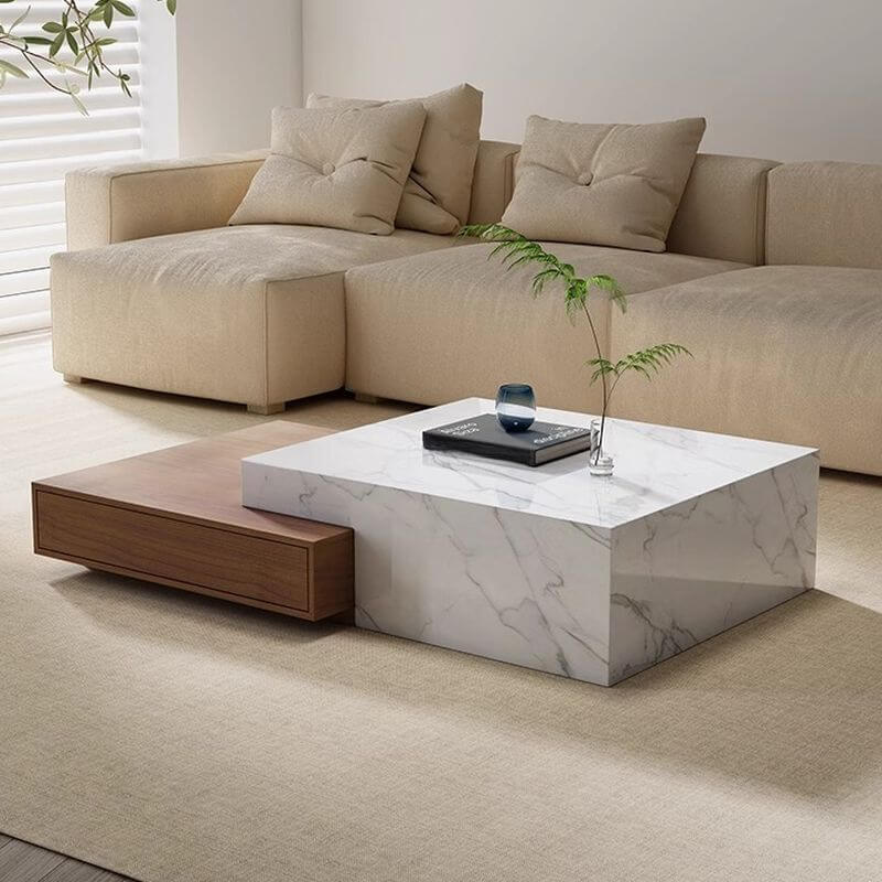 Modern Rectangular Stone Coffee Table with Block Base and Drawer Main Product Image Imagen principal del producto