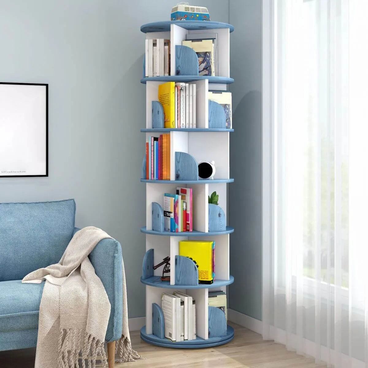 Modern Rotating Geometric Wooden Bookshelf – White & Light Wood