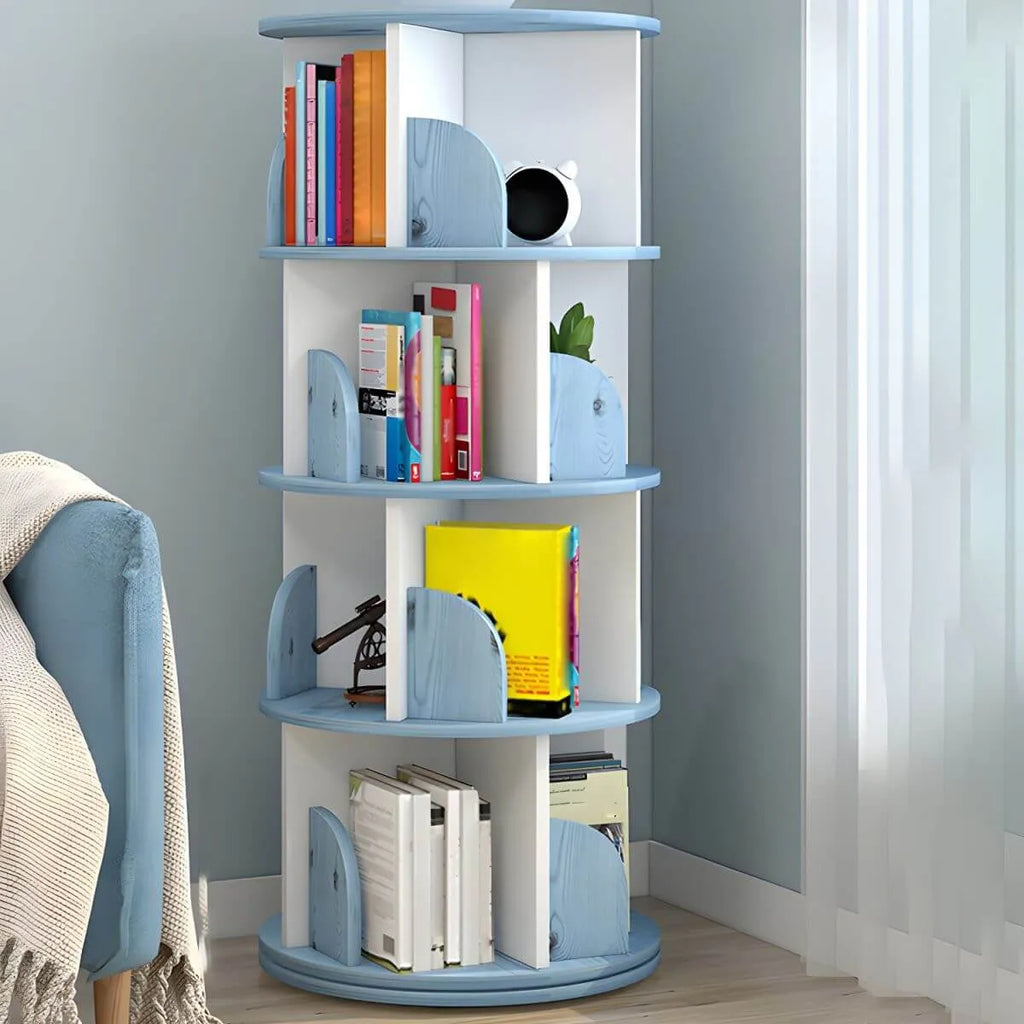 Modern Rotating Geometric Wooden Bookshelf – White & Light Wood