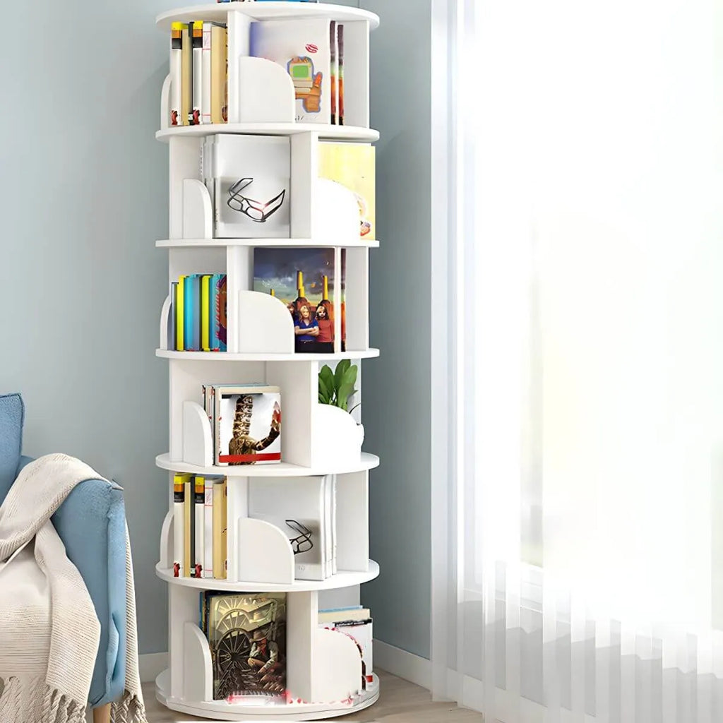 Modern Rotating Geometric Wooden Bookshelf – White & Light Wood