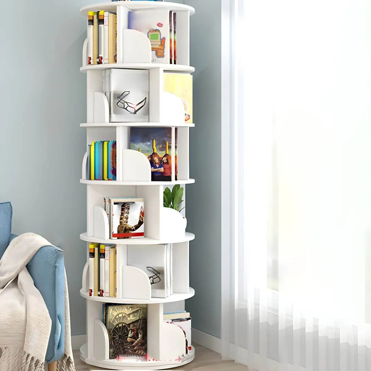 Modern Rotating Geometric Wooden Bookshelf – White & Light Wood