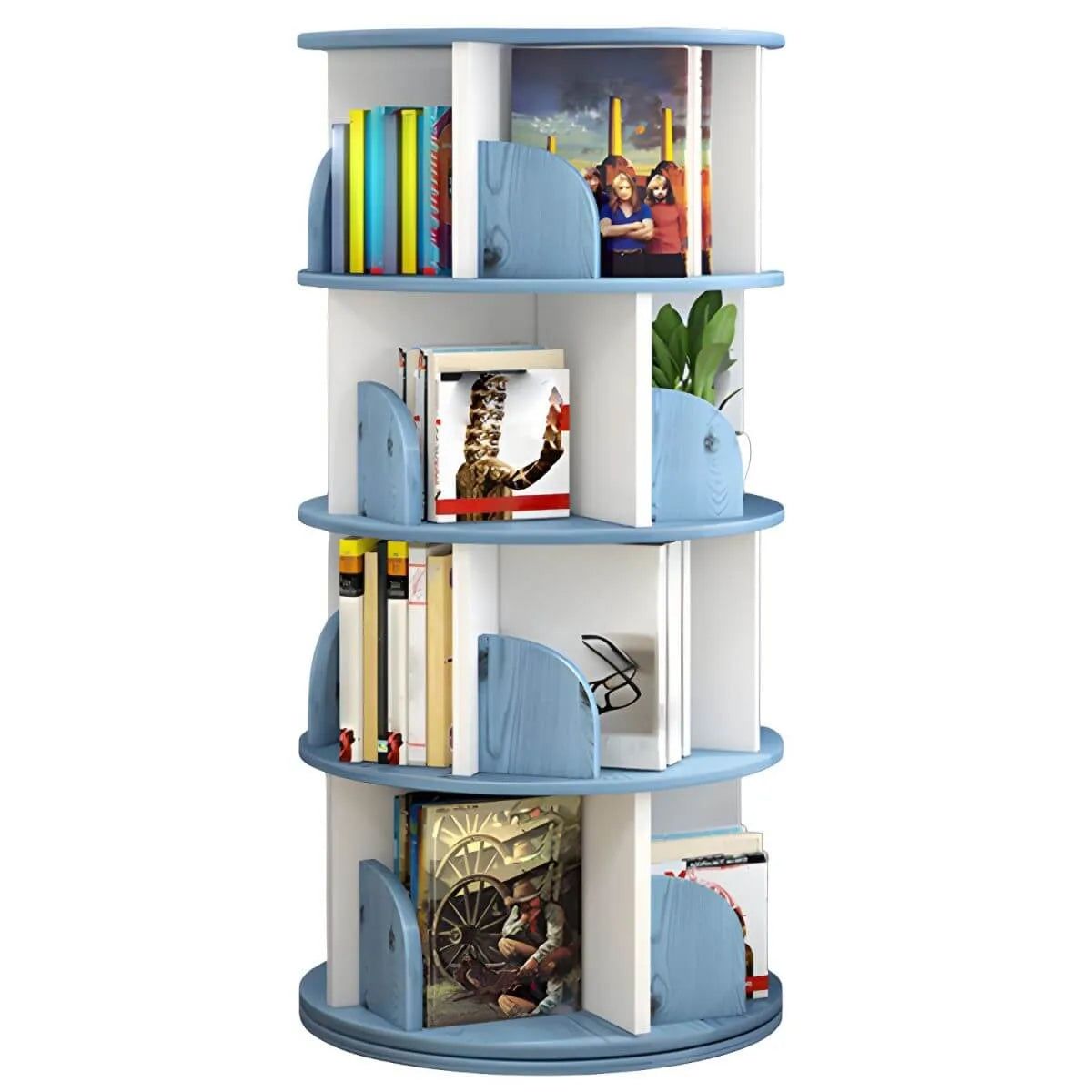 Modern Rotating Geometric Wooden Bookshelf – White & Light Wood