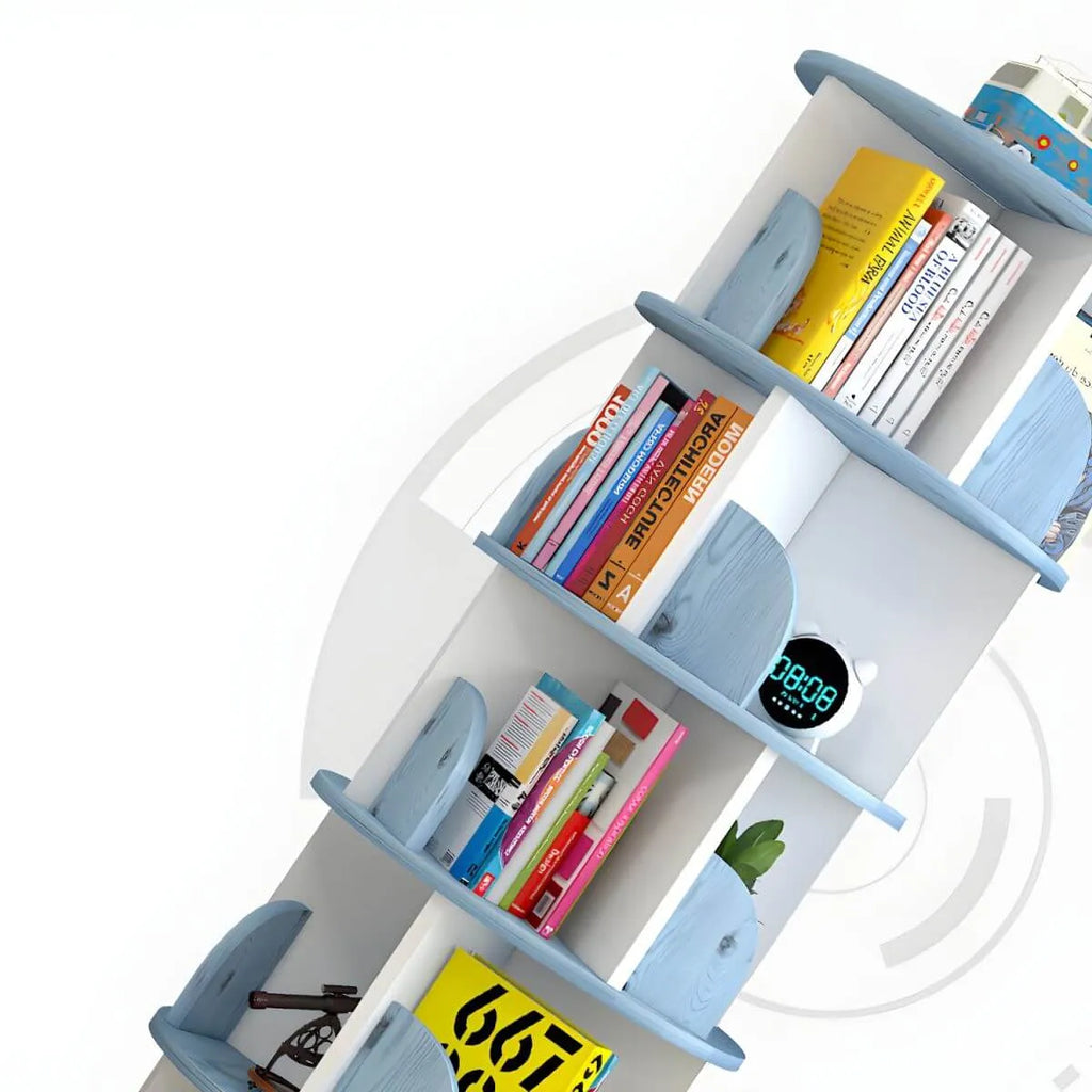 Modern Rotating Geometric Wooden Bookshelf – White & Light Wood