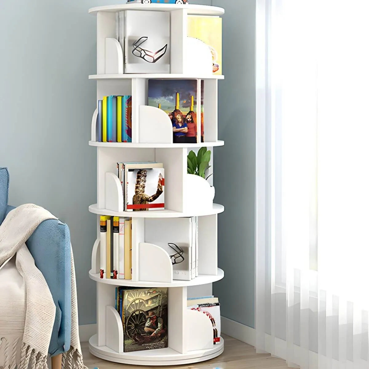 Modern Rotating Geometric Wooden Bookshelf – White & Light Wood