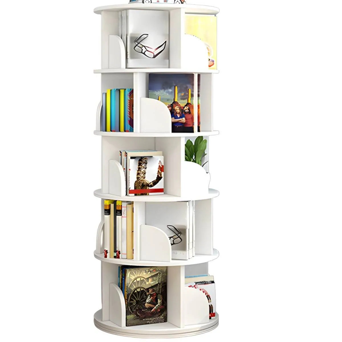 Modern Rotating Geometric Wooden Bookshelf – White & Light Wood