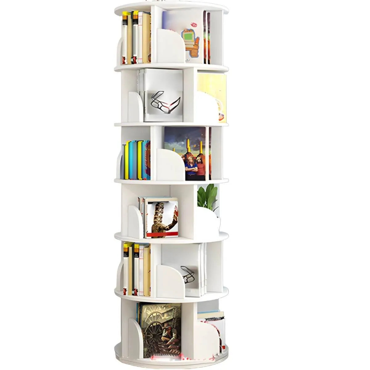 Modern Rotating Geometric Wooden Bookshelf – White & Light Wood