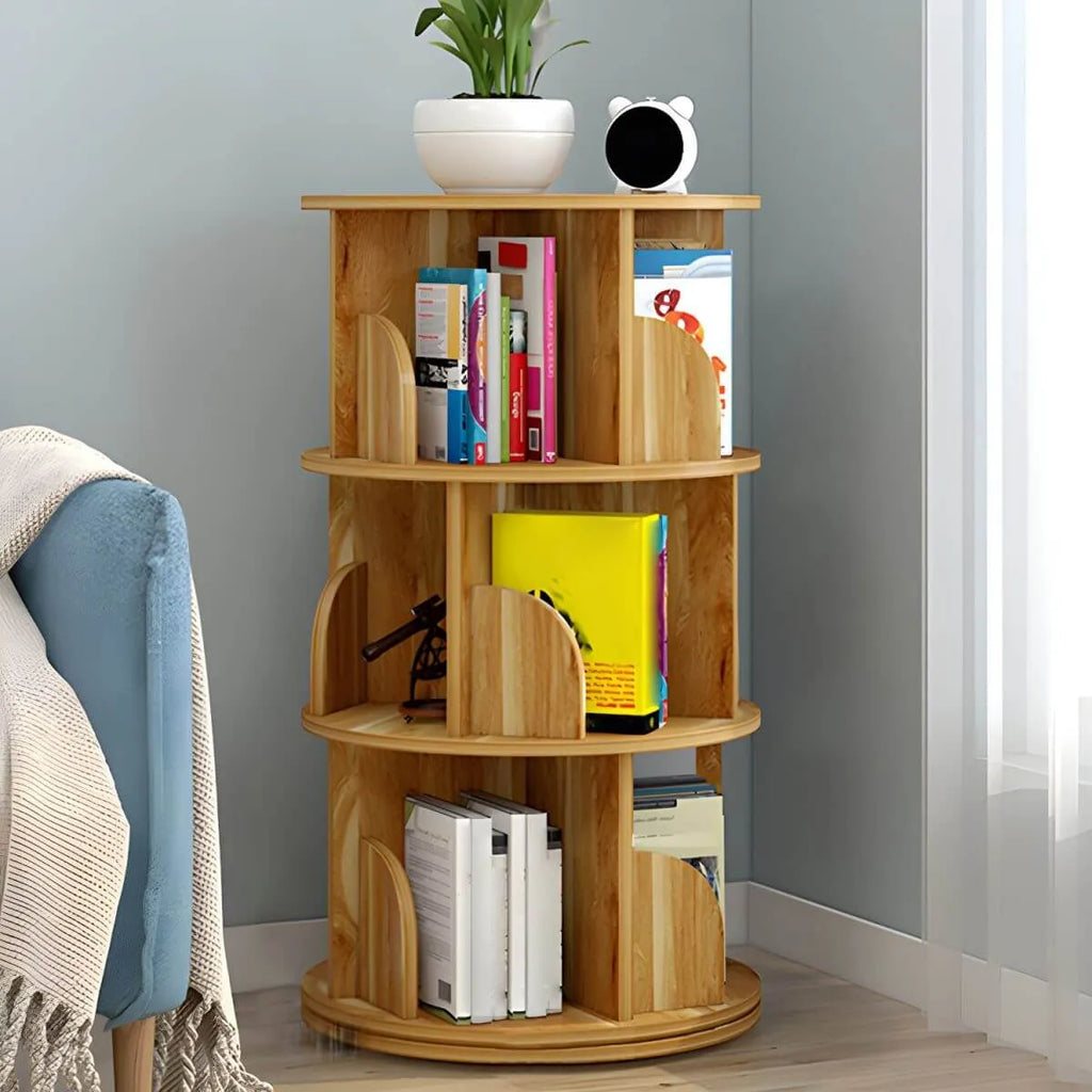Modern Rotating Geometric Wooden Bookshelf – White & Light Wood