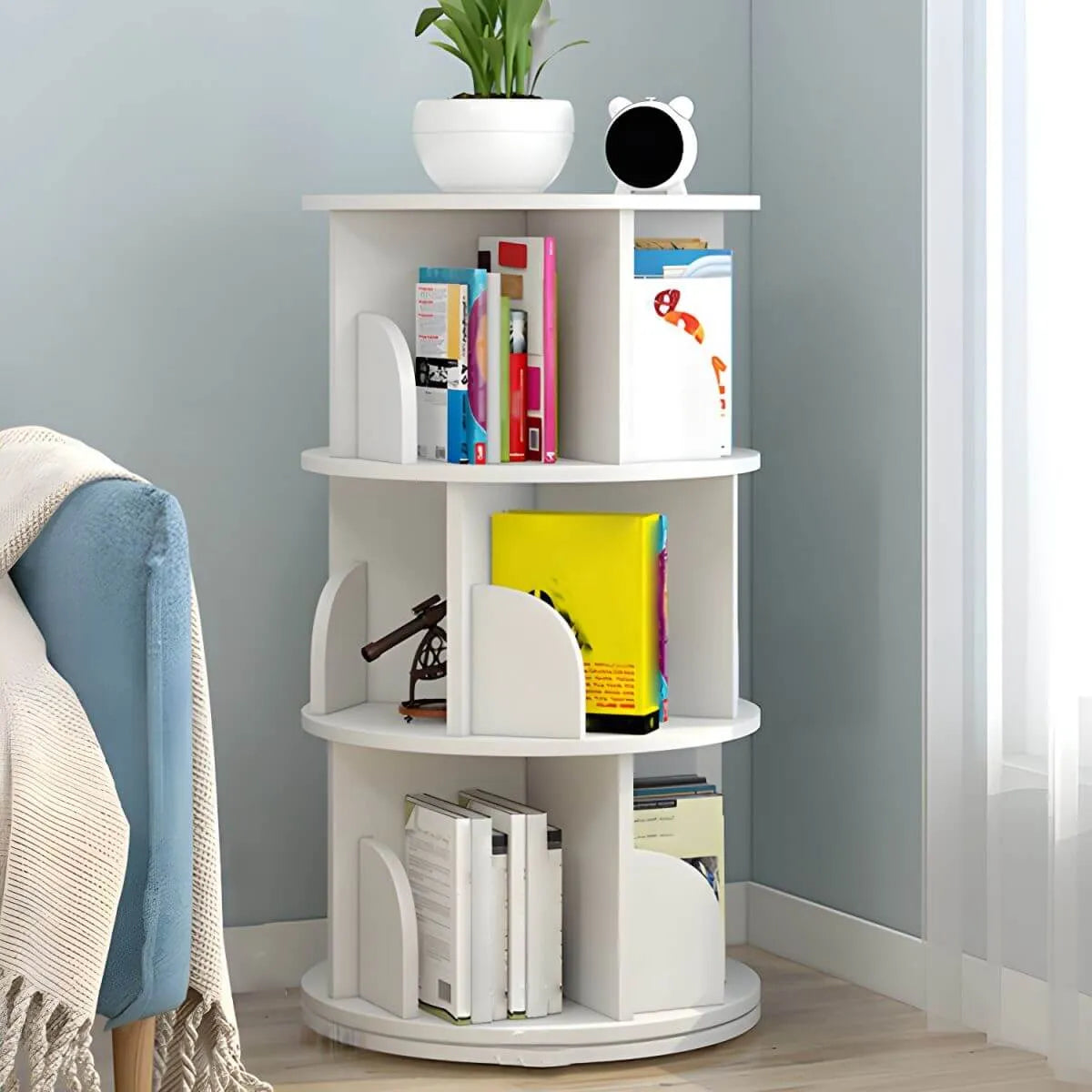 Modern Rotating Geometric Wooden Bookshelf – White & Light Wood Imagen secundaria del producto