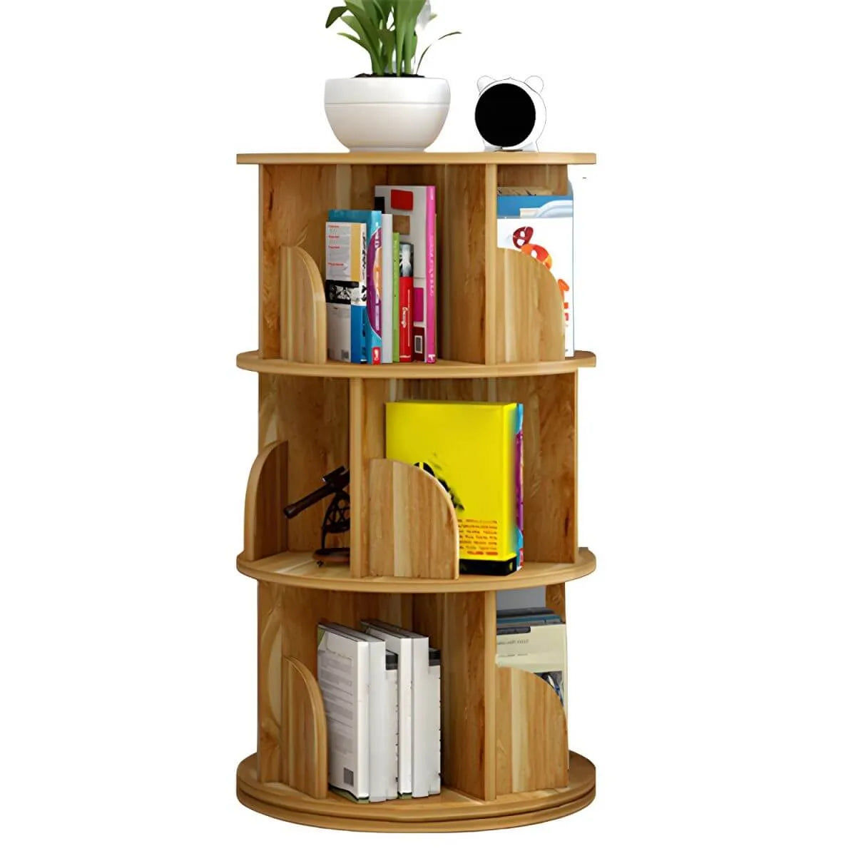 Modern Rotating Geometric Wooden Bookshelf – White & Light Wood